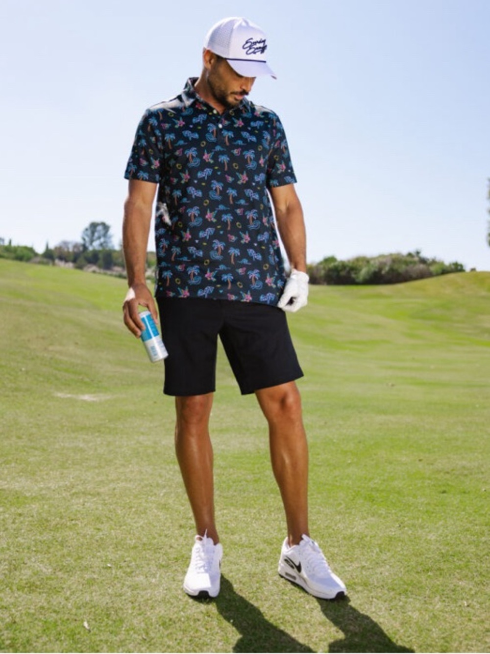 Sunday Swagger Polo Shirt – Black with Multicolored Palm Trees & Birds, Size 2XL